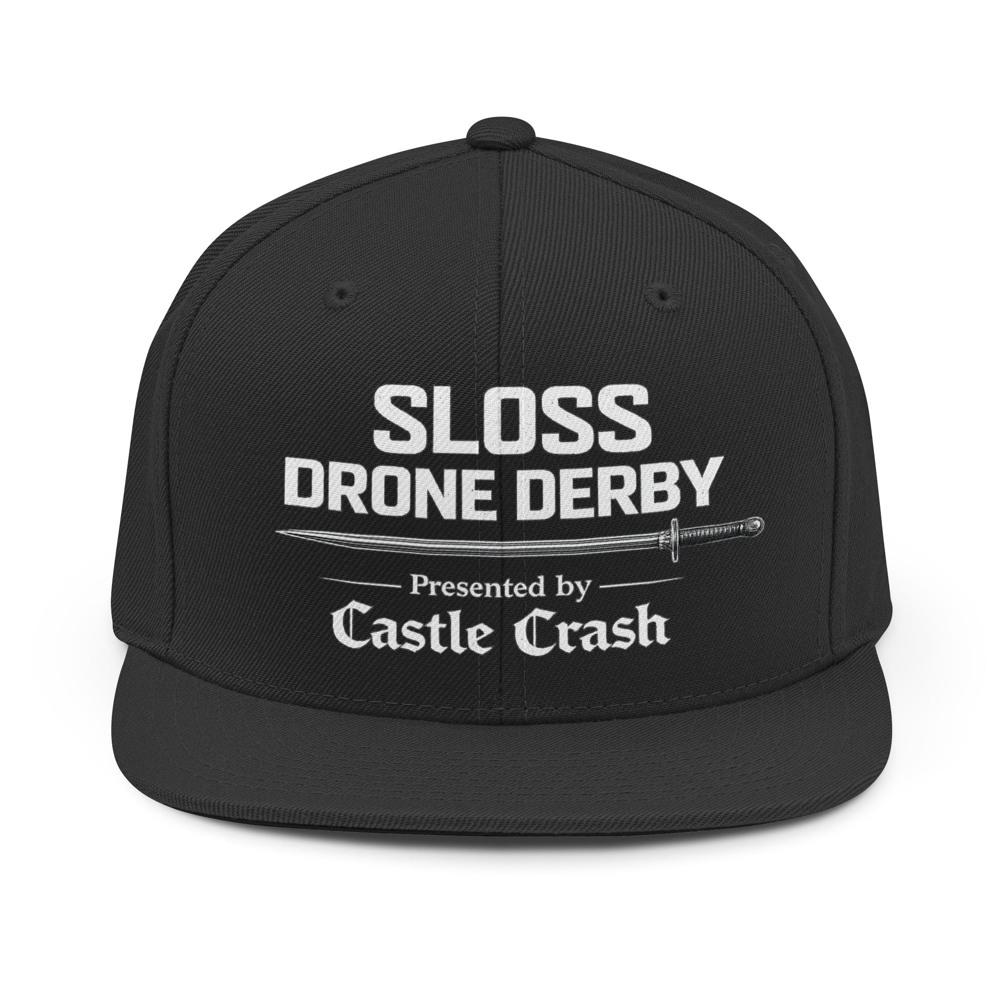 Sloss Drone Derby Snapback Hat — "Presented by Castle Crash" Embroidered Cap - White Logo