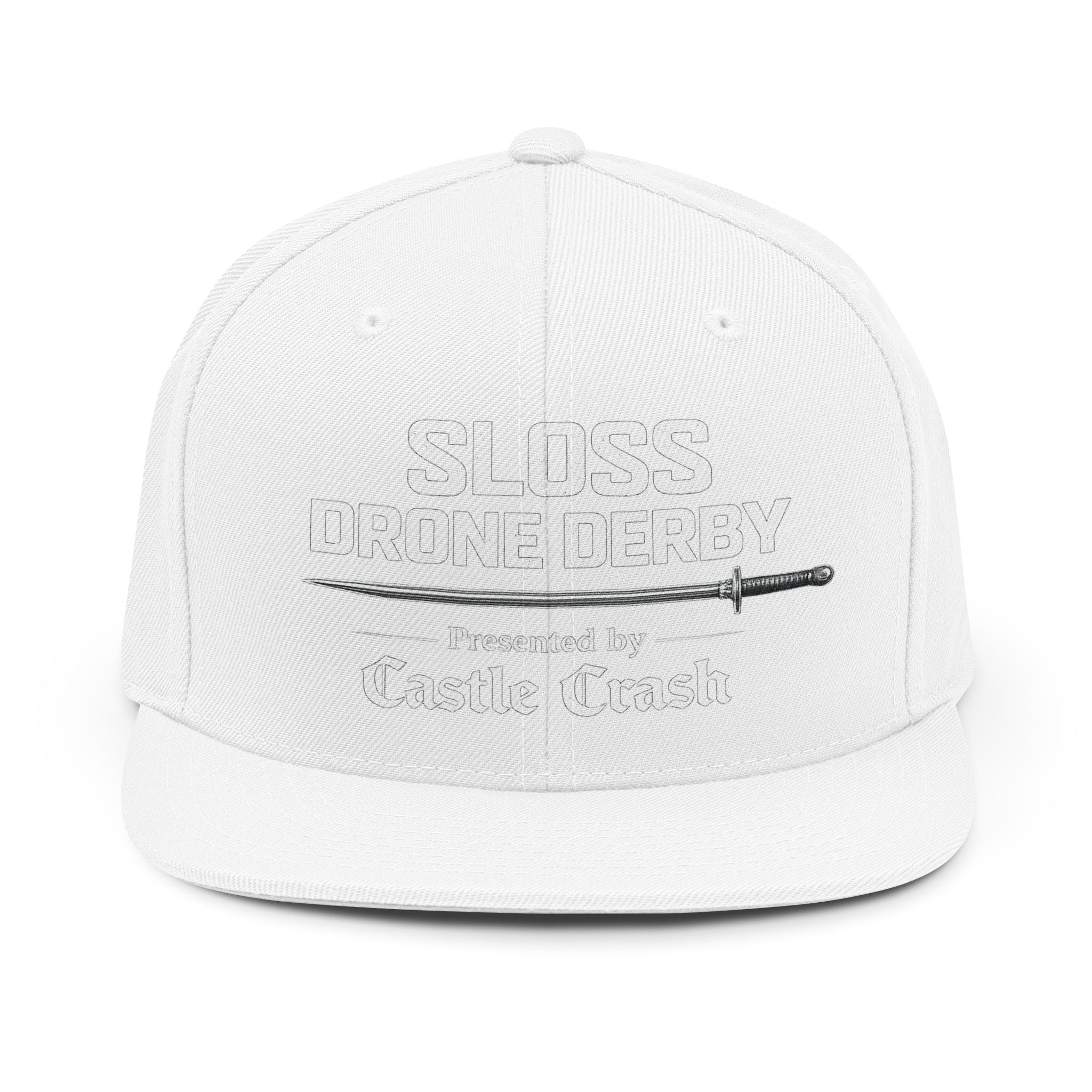 Sloss Drone Derby Snapback Hat — "Presented by Castle Crash" Embroidered Cap - White Logo