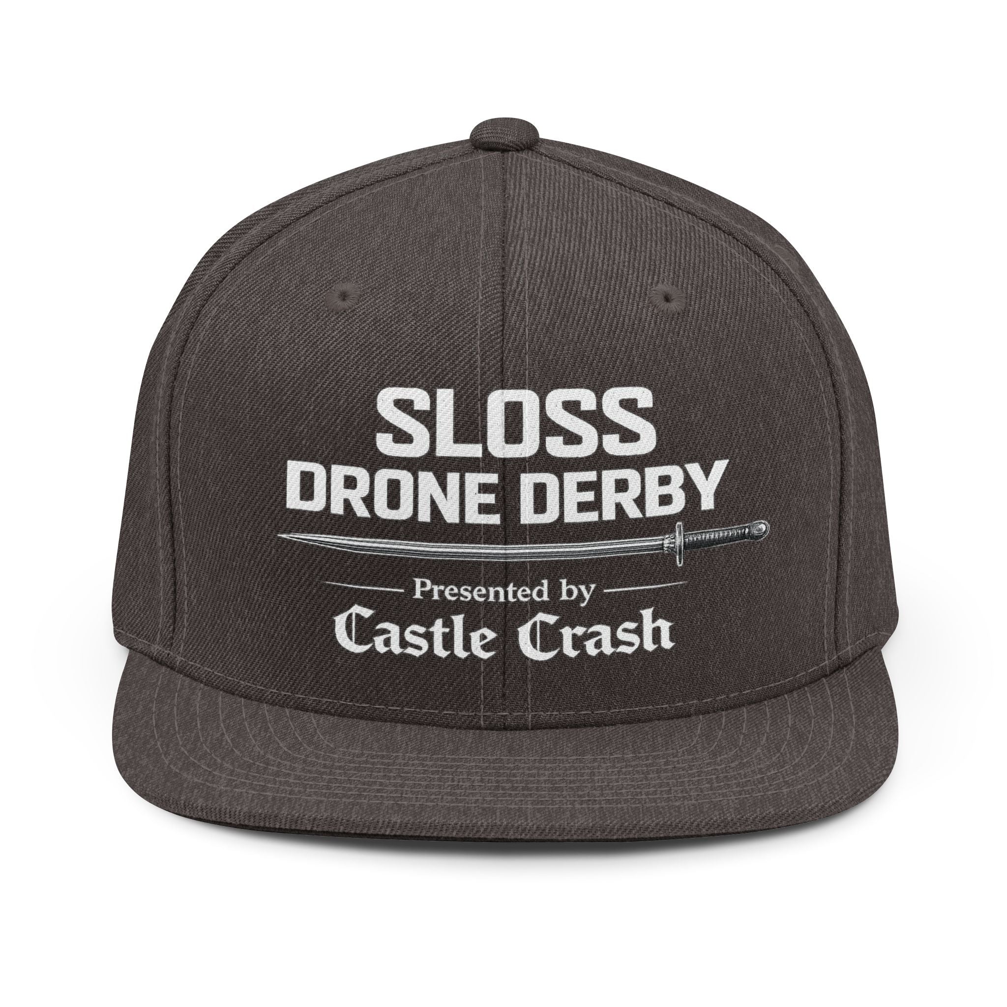 Sloss Drone Derby Snapback Hat — "Presented by Castle Crash" Embroidered Cap - White Logo